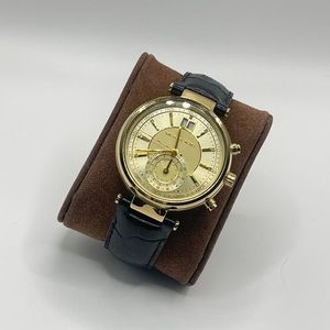 Gold Michael Kors black leather strap watch